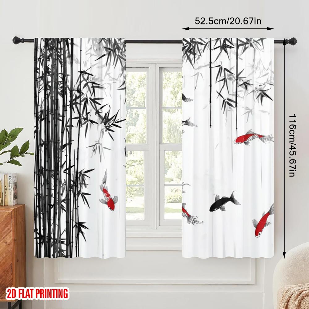 2pcs,2D Plane Printing Curtains&Window Treatment Koi and Bamboo Harmony Versatile Polyester (without Rod) Decorations Inside