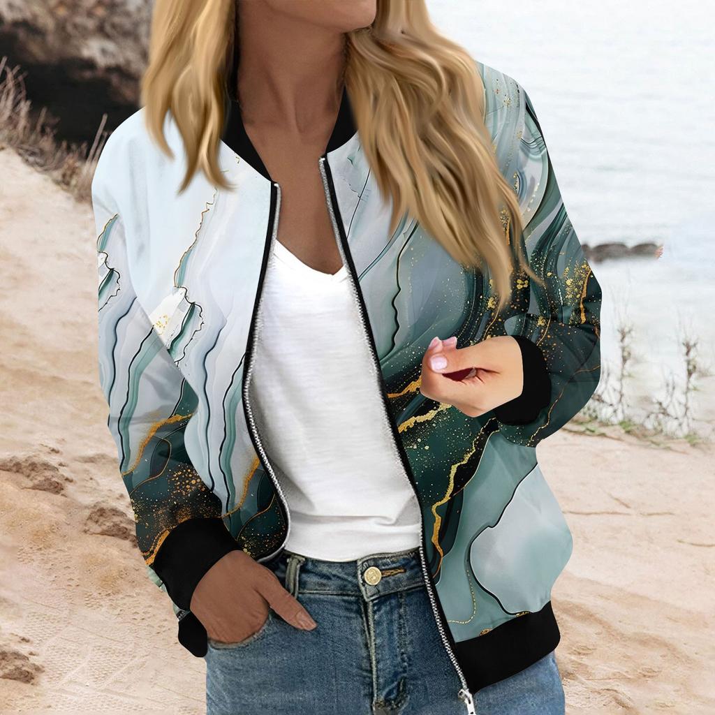 Женская мода повседневная куртка с градиентным принтом на молнии с карманами