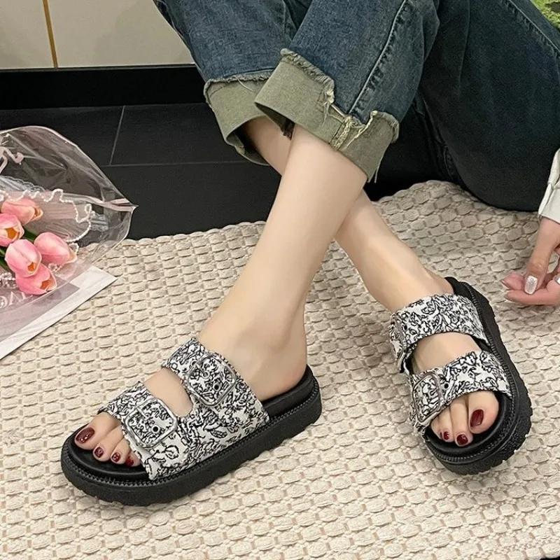 2024 Стразы Кристалл Пряжка Тапочки Женские Фирменный Дизайн Кристалл Двойные Шлепанцы Женские Платформы Слайды Сандалии Большой Размер 42