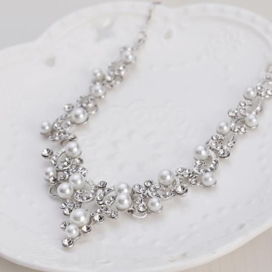 Fashion Alloy Rhinestone Faux Pearl Necklace Earrings Women Bride Jewelry Set