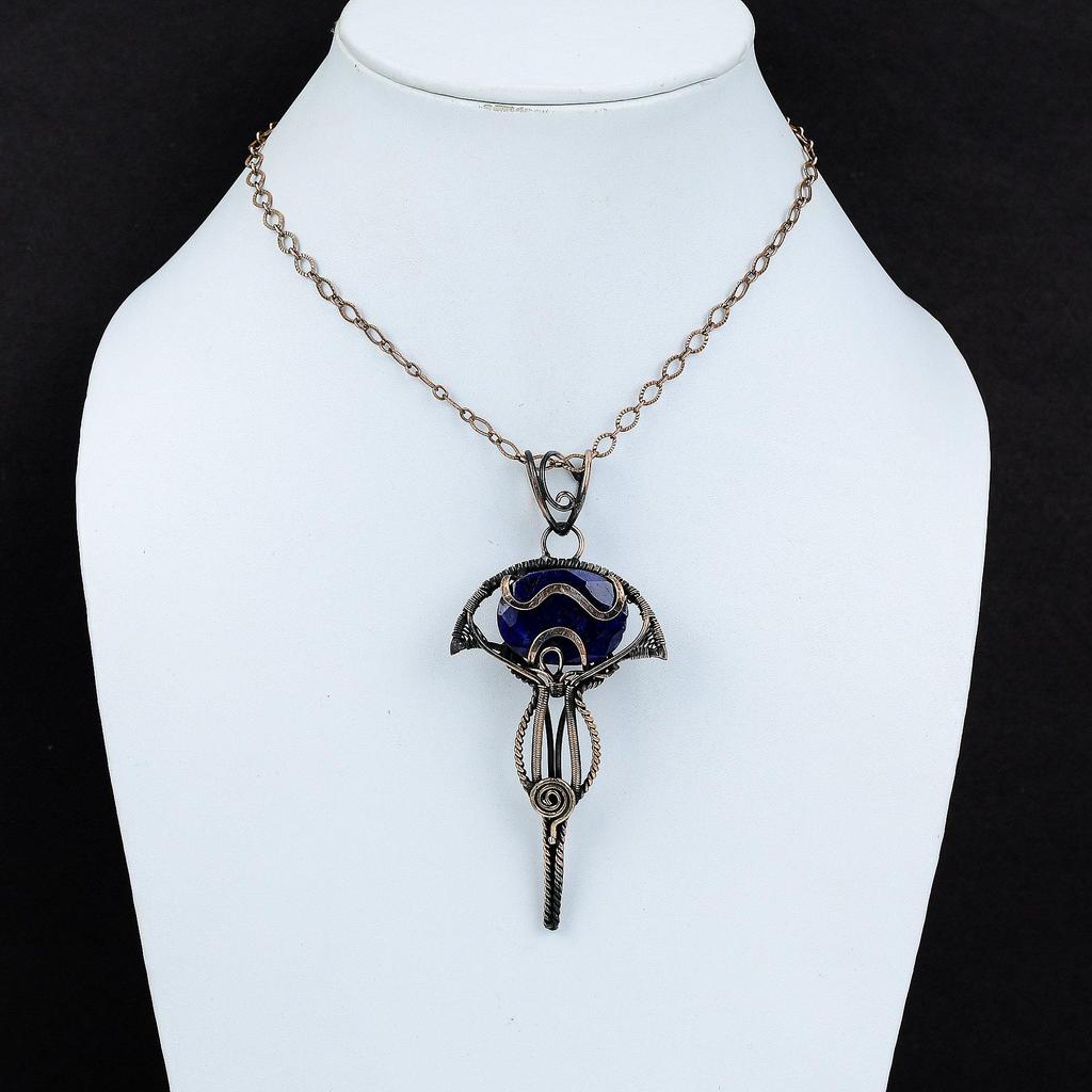 Подвеска с граненым синим сапфиром, подвеска из медной проволоки, подвеска с драгоценным камнем, подарок на особый случай, подвеска ручной работы, очень красивое медное украшение