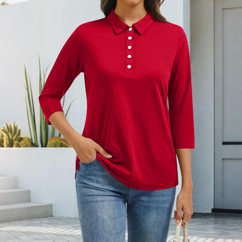 Women's Fashion Casual Lapel Short 3/4 Sleeve Solid Color Shirt Women's Button Up Tops