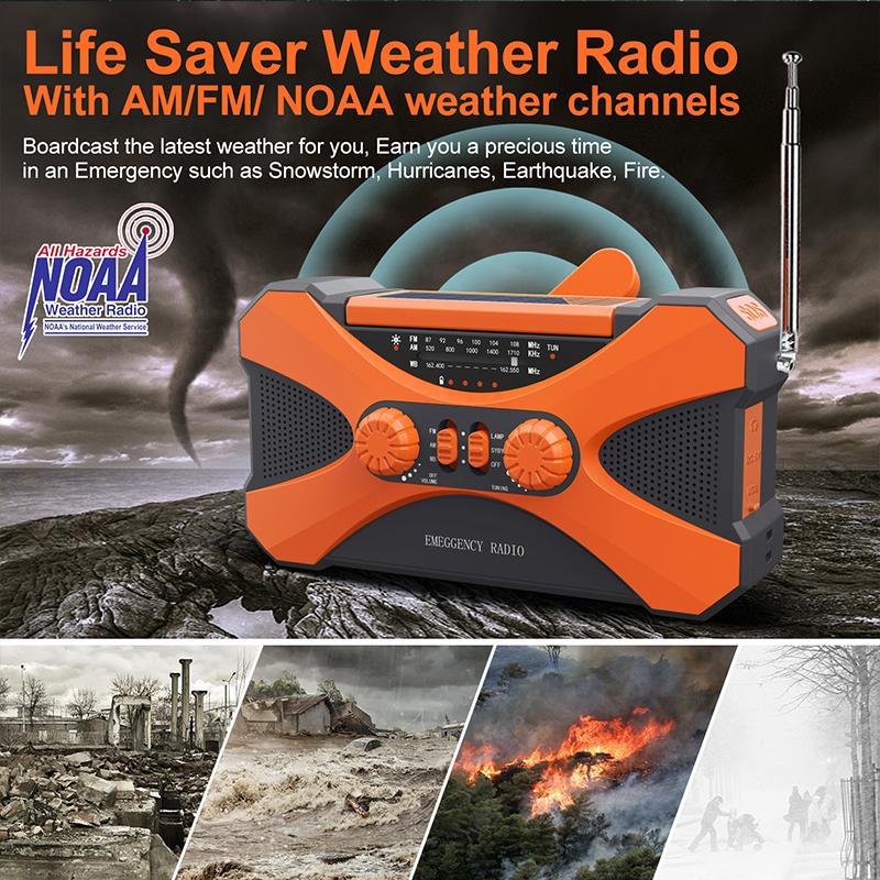 Weather Radio LED Flashlight Camping Survival Radio Dual Speaker Rechargeable Weather Radio for Home Outdoor