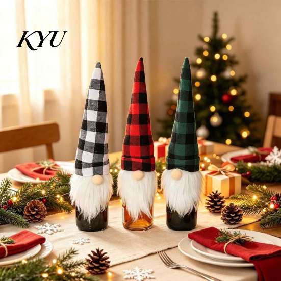 Holiday Home Gift Presentation Christmas Wine Bottle Cover, Fluffy Artificial Beards Decor, Plaid Gnome Seasonal Accessories Toppers for Table