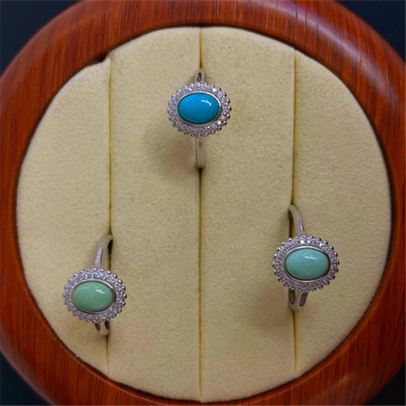 Серебряное кольцо S925 с натуральным кабошоном из бирюзы Хубэй - Элегантный дизайн в стиле легкой роскоши