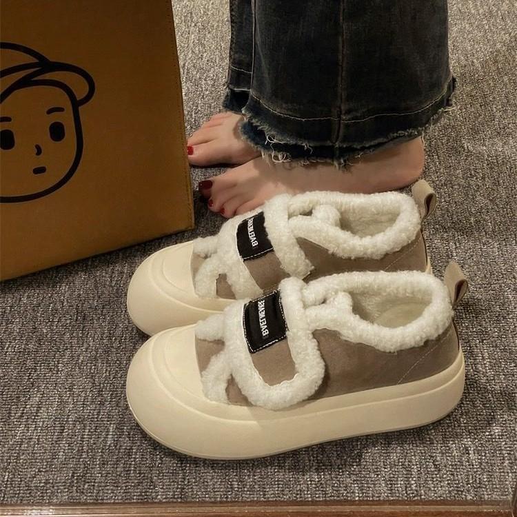Туфли на толстой подошве с липучками, женские, из флиса из овечьей шерсти для тепла, новинка 2025 года, молочные пушистые туфли, флис