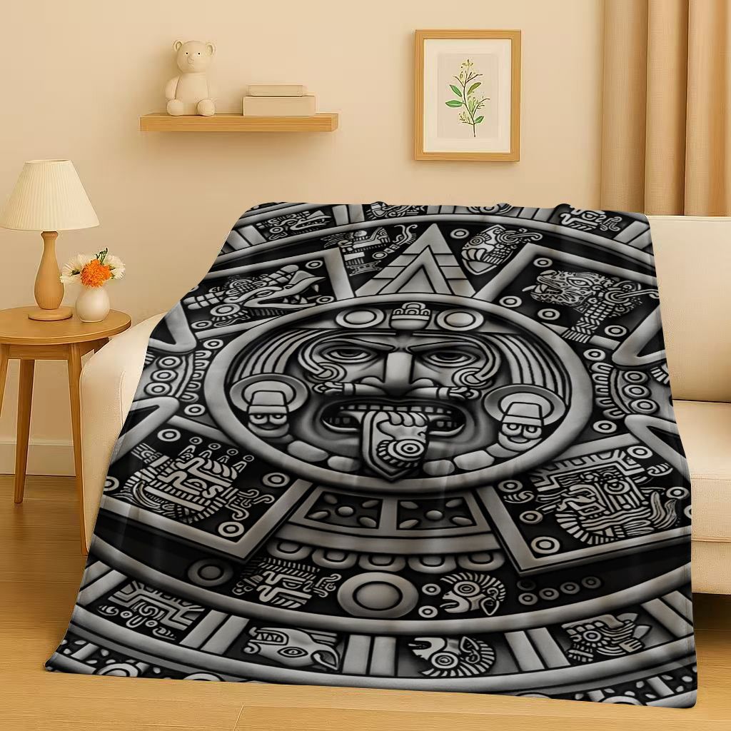 Retro Aztec Totem Maya Mask Sun God Flannel Blanket,Ultra Soft Warm Plush Throw for Home Bedroom Bed Sofa Cover Office Gift Kids