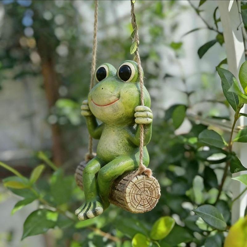Swing Log Frog Resin Hanging Ornament Big Eye Cartoon Frog Tree Hanging Statue Yard Patio Garden Micro Landscape Decor