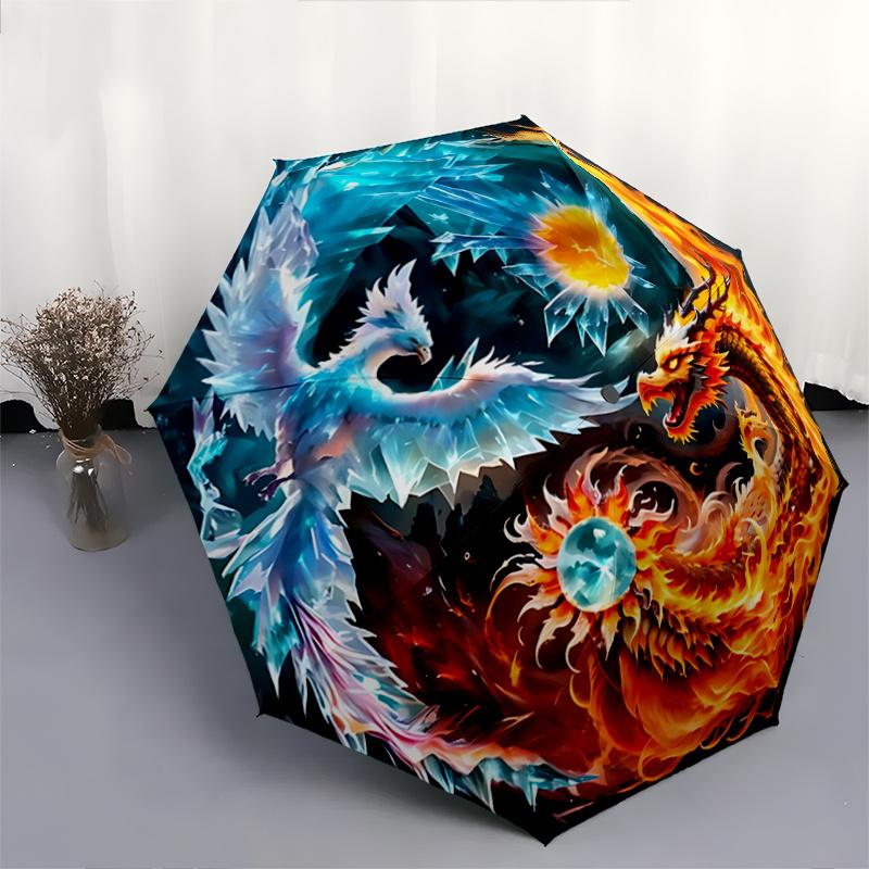 1pc The Dance of Fire and Ice Dragons Fully Automatic Folding Portable Umbrella, 8 Iron Frames, Three-Fold Design, Suitable for All Seasons, Suit