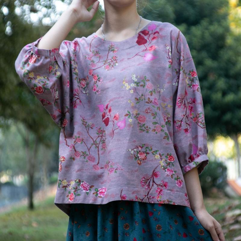 Летняя женская одежда Этнический принт хлопковая льняная блузка Топ Круглый вырез Рукава семь четвертей Футболки