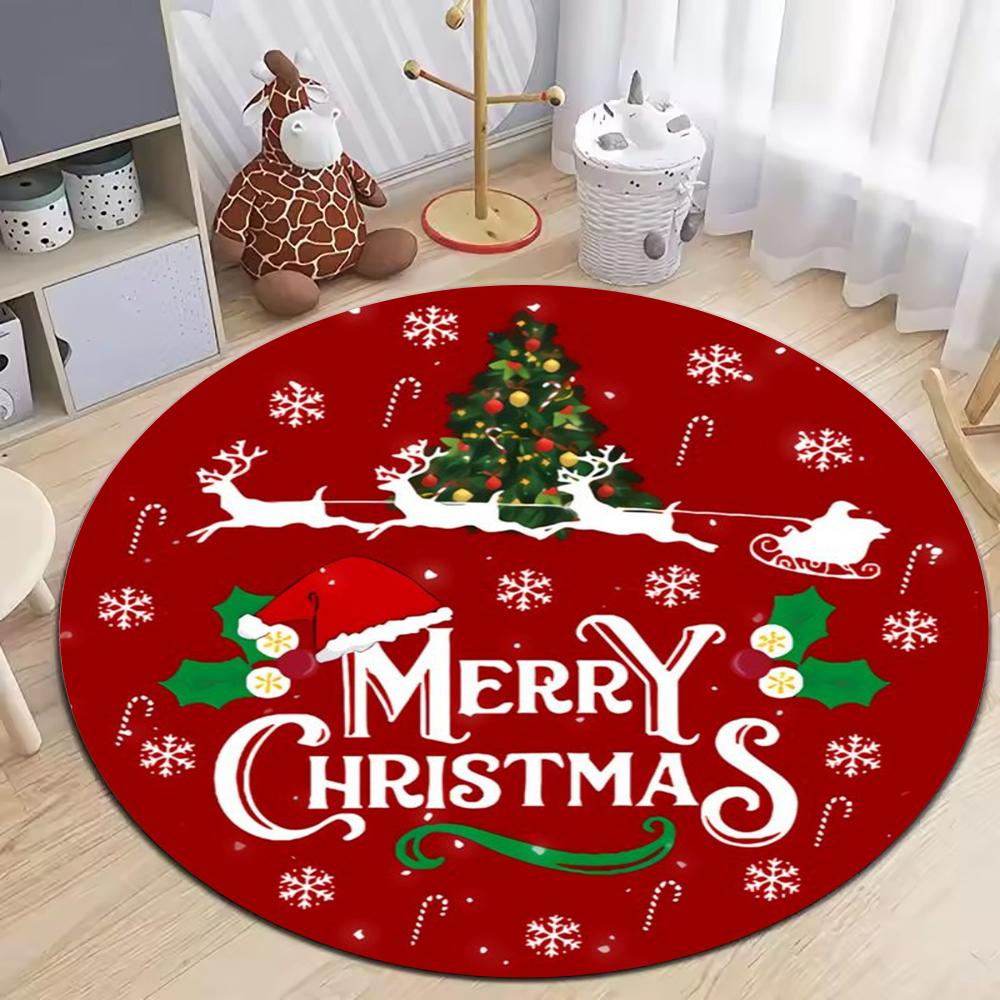 Christmas Ornaments Circle Rug Living Room Decor Sofa Rug Merry Christmas Santa Rudolph Riding Home Mat Festival Event Carpet