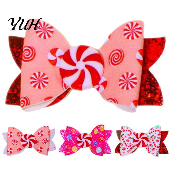 Cute Holiday Hair Barrettes Christmas Candies Bow Clip for Women Girls, Sweet Glitter Hairpins, Artificial Leather Festive Decorations Kids Clip, Pink
