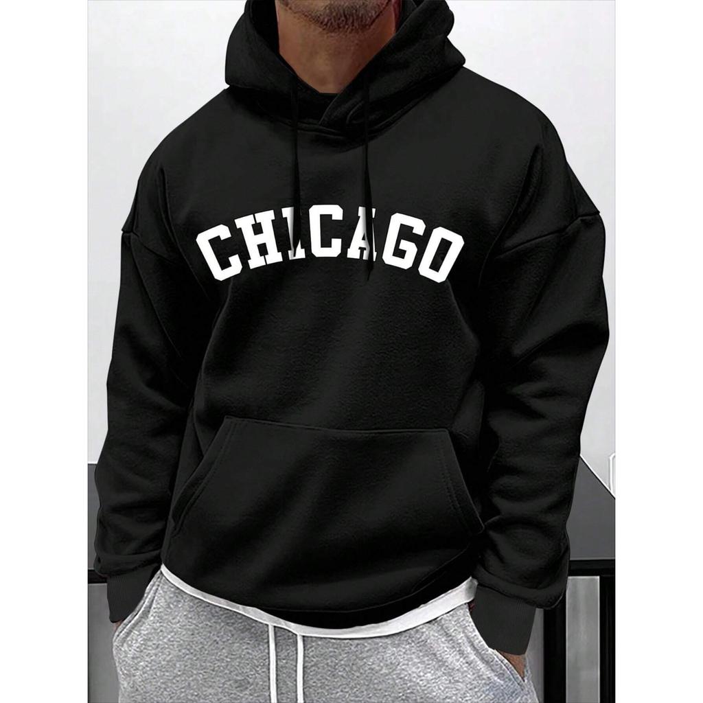 Толстовки с капюшоном Street Letter Chicago Printing для мужчин, пуловеры с карманами и шнурками, мягкие толстовки из термофлиса, осенняя одежда
