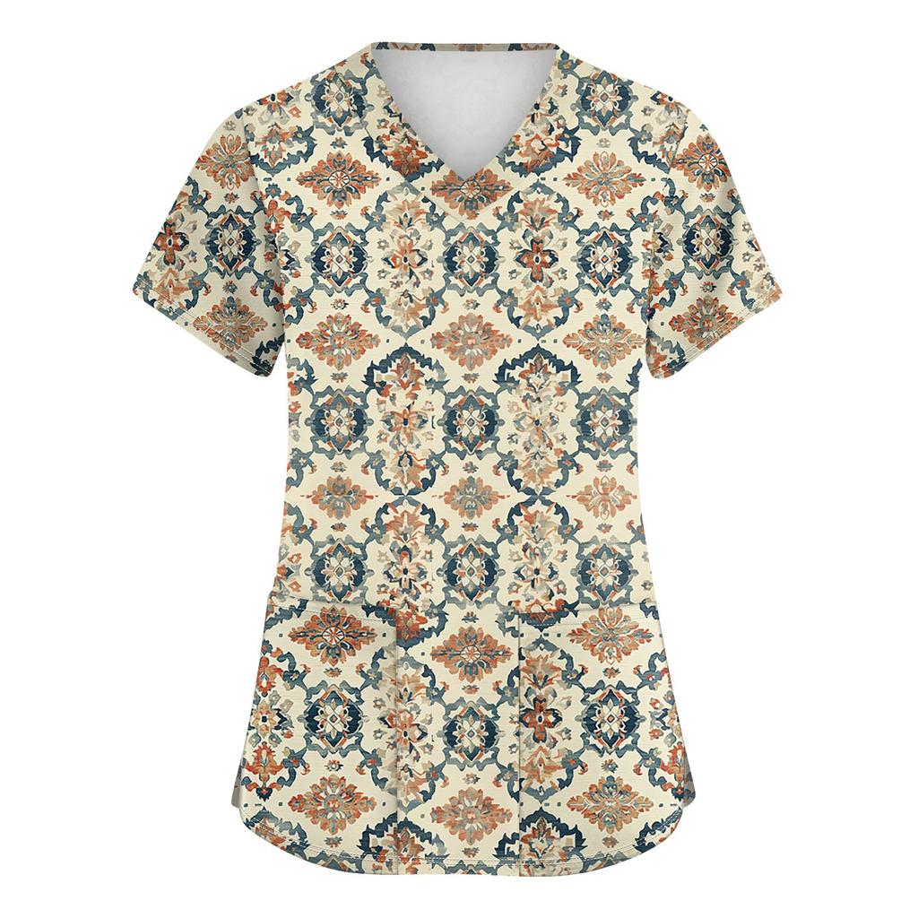 Women's Fashion V-neck Short Sleeve Workwear With Pockets Printed Tops