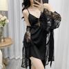 Summer New Women 2PCS Robe Nightgown Set Sexy Hollow Out Perspective Bathrobe Intimate Lingerie Silk Satin Home Dress Loungewear