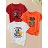 Three-piece set of women's short-sleeve shirts with fun animal raccoon and English letter prints 2025Autumn fashion trend retro round neck cute T