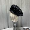 2024 New Satin Rhinestone Beret Cap Women's Fashion Black Painter Hat Spring and Autumn Octagonal Hats Newsboy Gorras Casquette