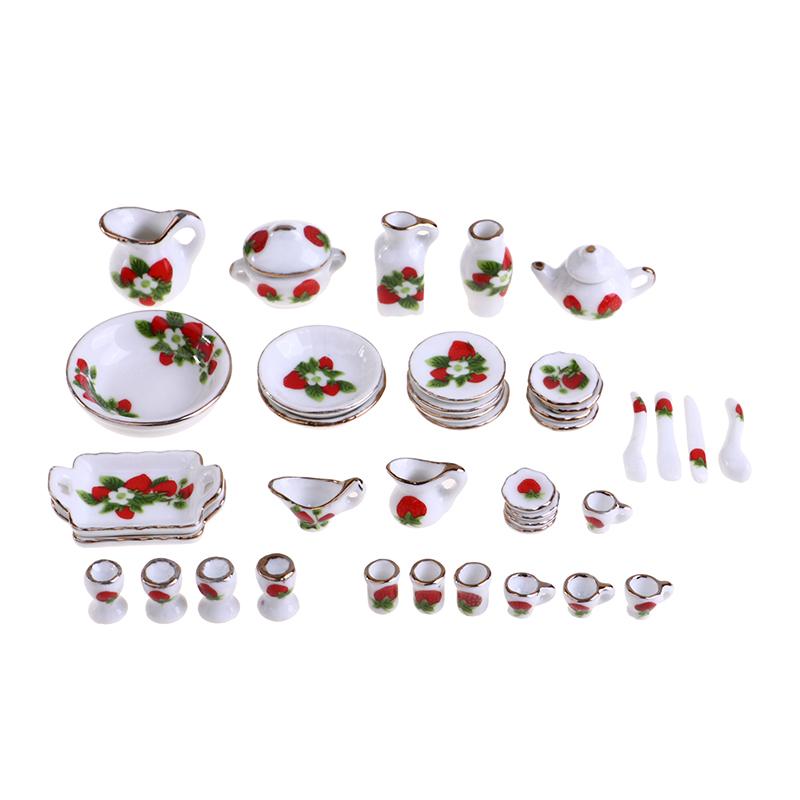 40Pcs 1:12 Dollhouse Miniature Tableware Porcelain Ceramic Tea Cup Dishes Set