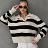 IHUASU Women's Knitwear Autumn and Winter Polo Collar Stripe Colour Clashing Loose Knit Jumper