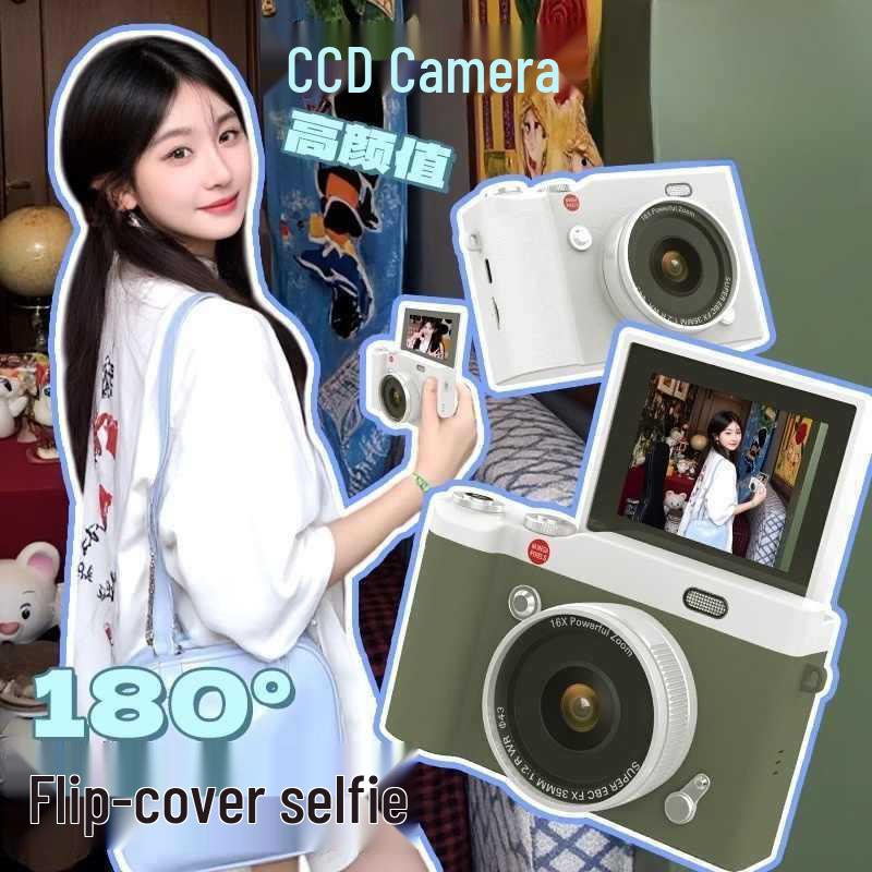 CCD Digital Camera with Dual Lenses - Retro Flip-Phone Style, Perfect for Students and Kids, Connects to Phone.