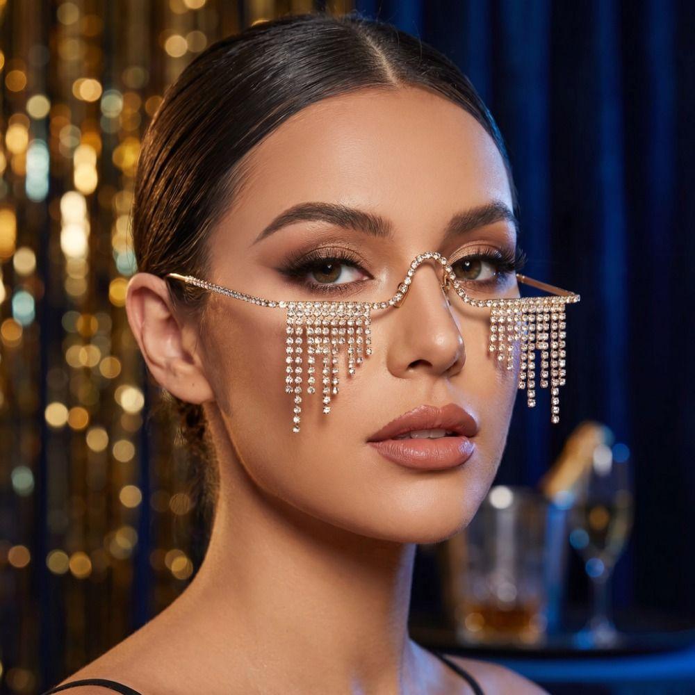 Foldable Tassel Rhinestone Eyeglass Frame Zircon Glitter Mask Decoration Wedding