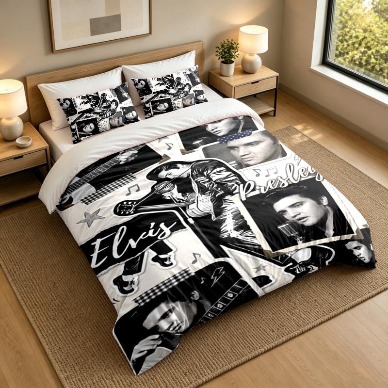 3-Piece Bed Sheet Set with Elvis Presley Design, 1 Flat Sheet and 2 Pillowcases for Bedroom