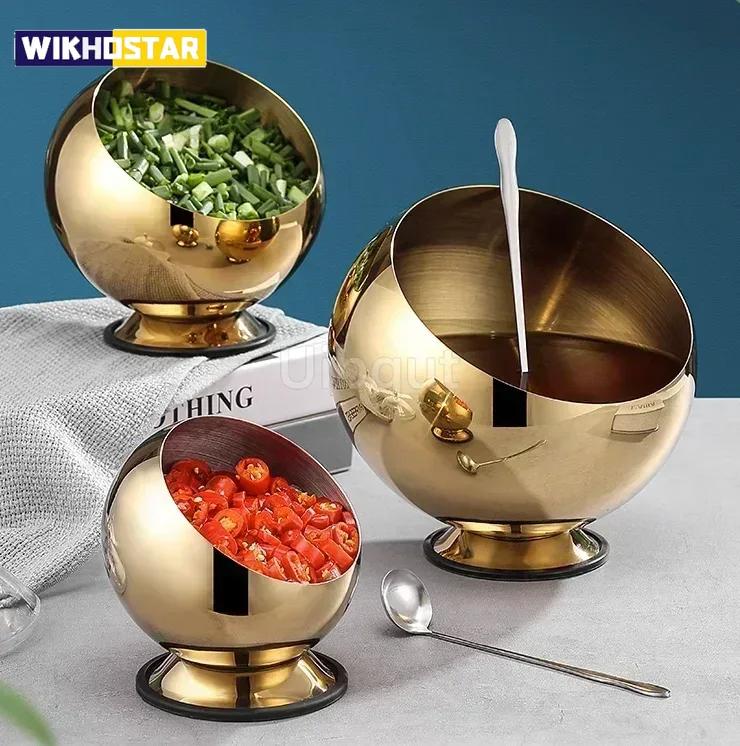 Stainless Steel Oblique Sauce Bowl with Lid Spherical Bowl Hot Pot Buffet Seasoning Basket Bowl Jar Plate Container Salad