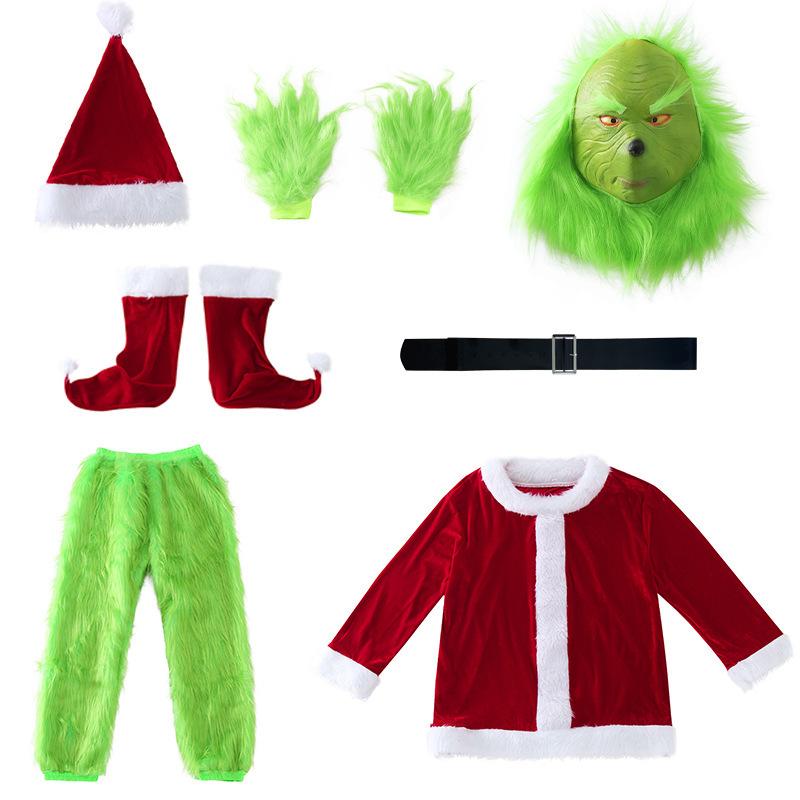 Popular Christmas costumes long-haired monster cosplay Santa Claus, green-haired monster Grinch Christmas performance costumes