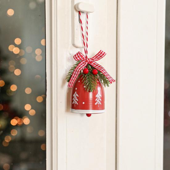 Rustic Christmas Bell Ornaments with Artificial Pine And Red Berries Vintage Metal Jingle Bells Hanging Decoration for Tree Door Wall