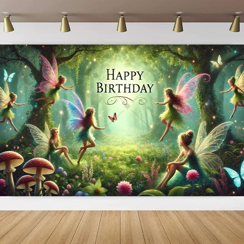 Children's birthday party decoration, magical forest fairy, colorful background, mushroom, forest elves and butterfly521