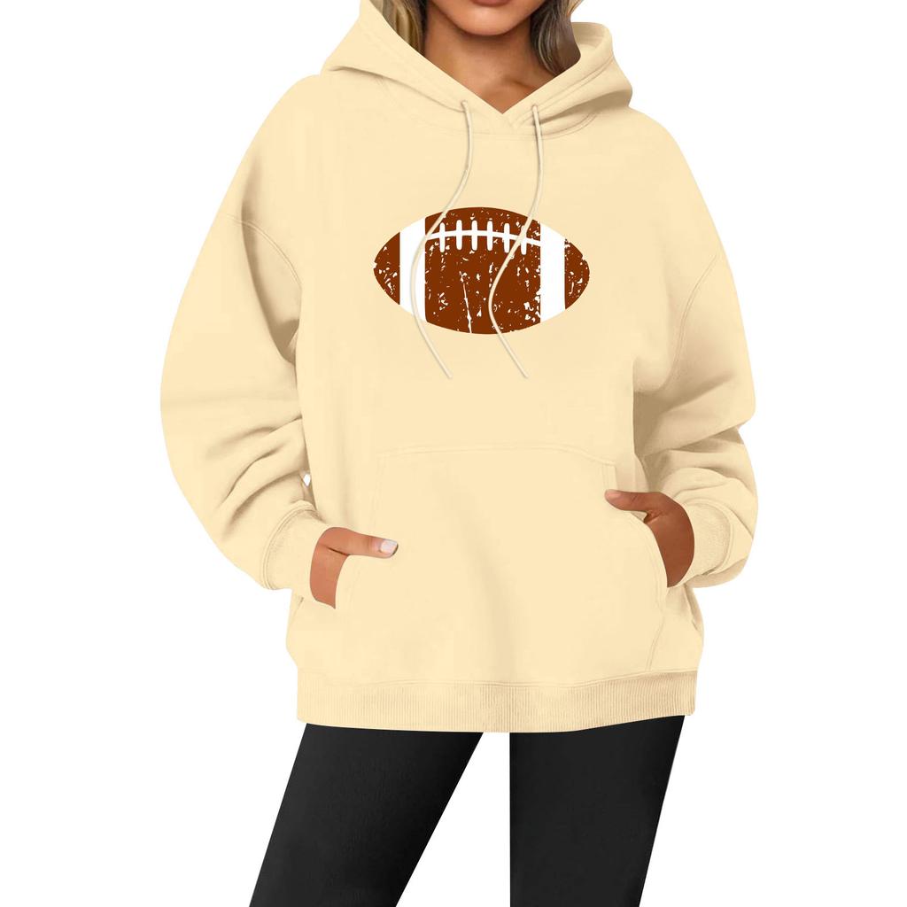 Women's Casual Fashion Solid Color Rugby Print Long Sleeve Hooded Sweatshirt Top