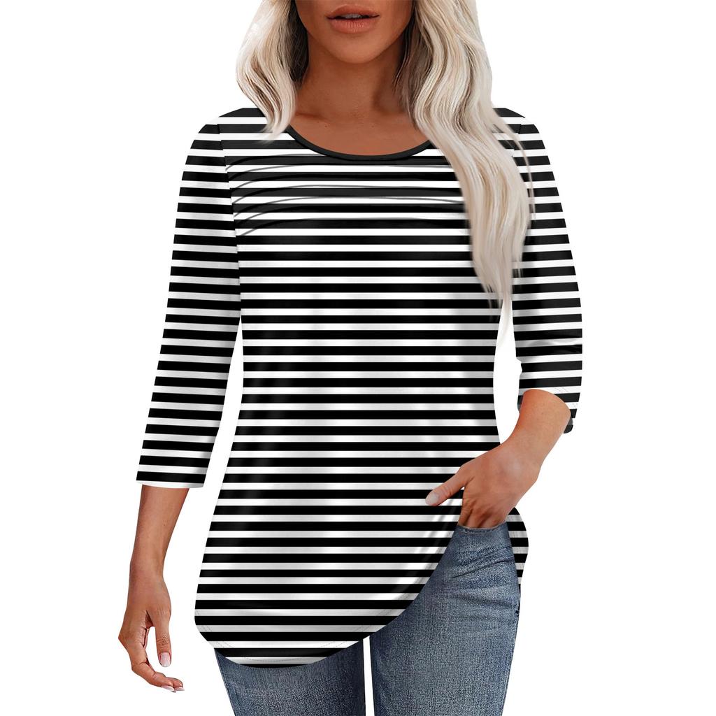 Женская мода круглый вырез шея плиссированная передняя планка с принтом рукав 3/4 топ