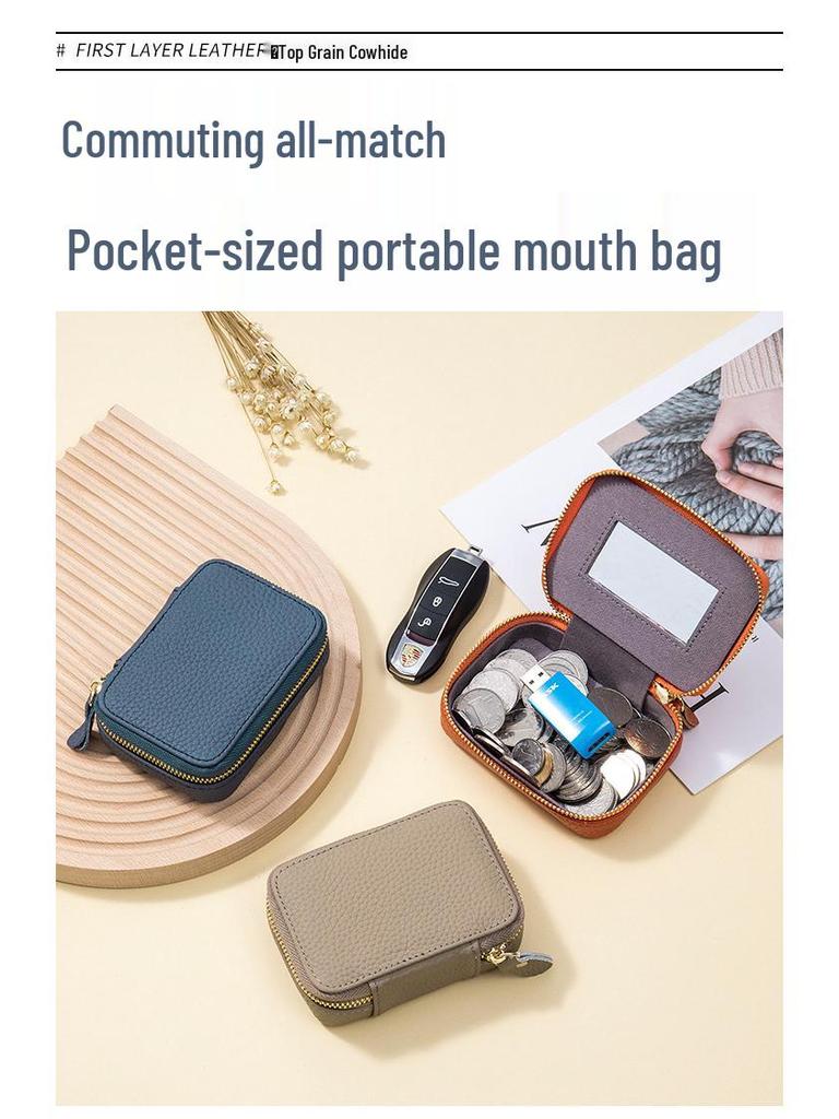 Сумка для губной помады из натуральной кожи с зеркалом - Мини-косметичка, кошелек для монет и держатель для наушников для женщин.
