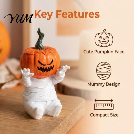 Cute Spooky Home Decor Pumpkin Head Mummy Statue, Funny Halloween Decorations, Sitting Ornaments Resin Figurine for Desktop Shelf Sitter Outdoor