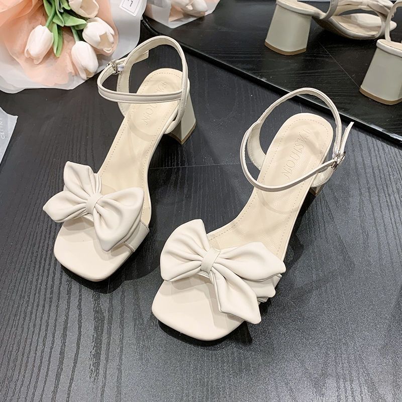 Summer 2024 with Medium Heels Women's Shoes Open Toe Footwear Buckles Bow Square Sandals for Woman New Breathable Fashion Sale H