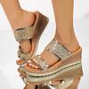 Fashion Leisure Gold Glitter Straps Slides Women 2025 Summer Chunky Platform Wedges Slippers Women Round Toe High Heels Sandals Women