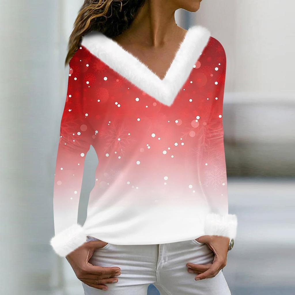 Женская мода повседневная плюшевая кофта с длинным рукавом и V-образным вырезом с рождественским принтом