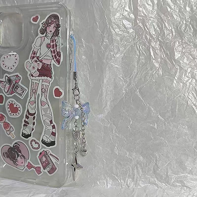 Творческий ручной работы синий бант прозрачное сердце бусины шнурок подвеска ремешок милый узел звезды кулон девушка женщина брелок шнурок для телефона