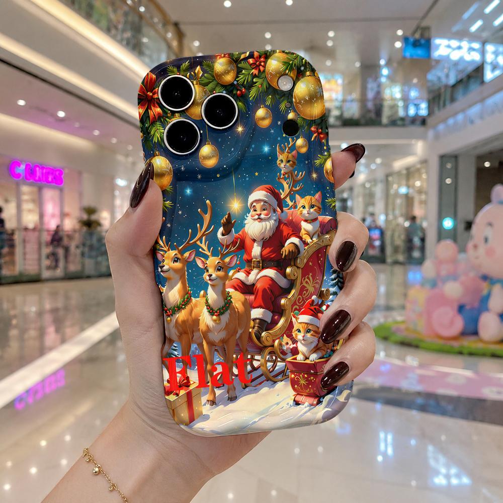 Wavy Glossy Soft TPU Shockproof Phone Cover, Festive Holiday Case For iPhone 16 15 14 13 12 Series, Christmas Gift For Cat Lovers