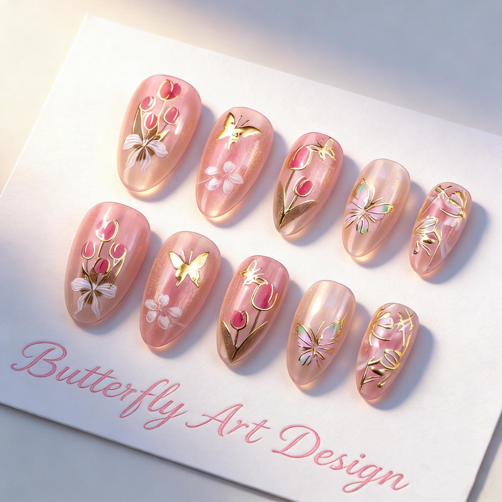 24Pcs Almond Press On Nails Ocean Blue French Tip With Flower Pearl Glitter Simple Wearable False Nail Art Manicure Set