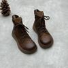 Johnature Handmade Thick Soled Genuine Leather Short Boots Retro Round Toe Lace Up Side Zipper Cowhide Women's Shoes