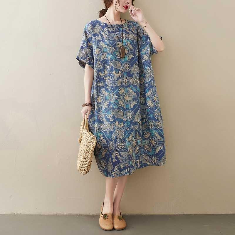 Женская одежда Литературное и ретро принт Хлопок и лен Платье с коротким рукавом Скрывающее полноту и стройнящее Свободное средней длины