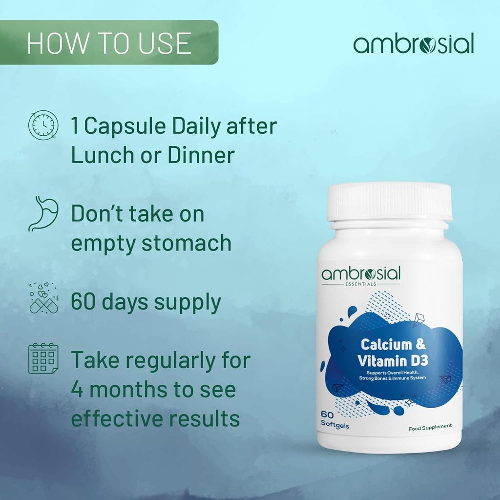 Таблетки AMBROSIAL с кальцием и витамином D3 Высокоэффективные таблетки с кальцием для женщин и мужчин Добавки с кальцием (Упаковка из 1-60 мягких капсул)