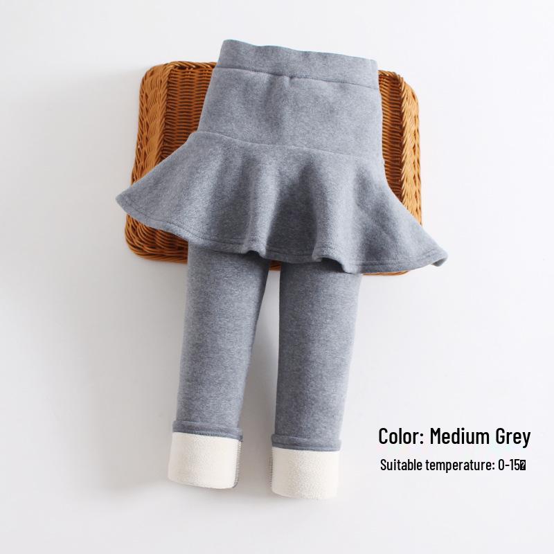 Girls' Winter Fleece-Lined Skirt Leggings - Thick Pure Cotton, Solid Colors, for Middle and Large Children