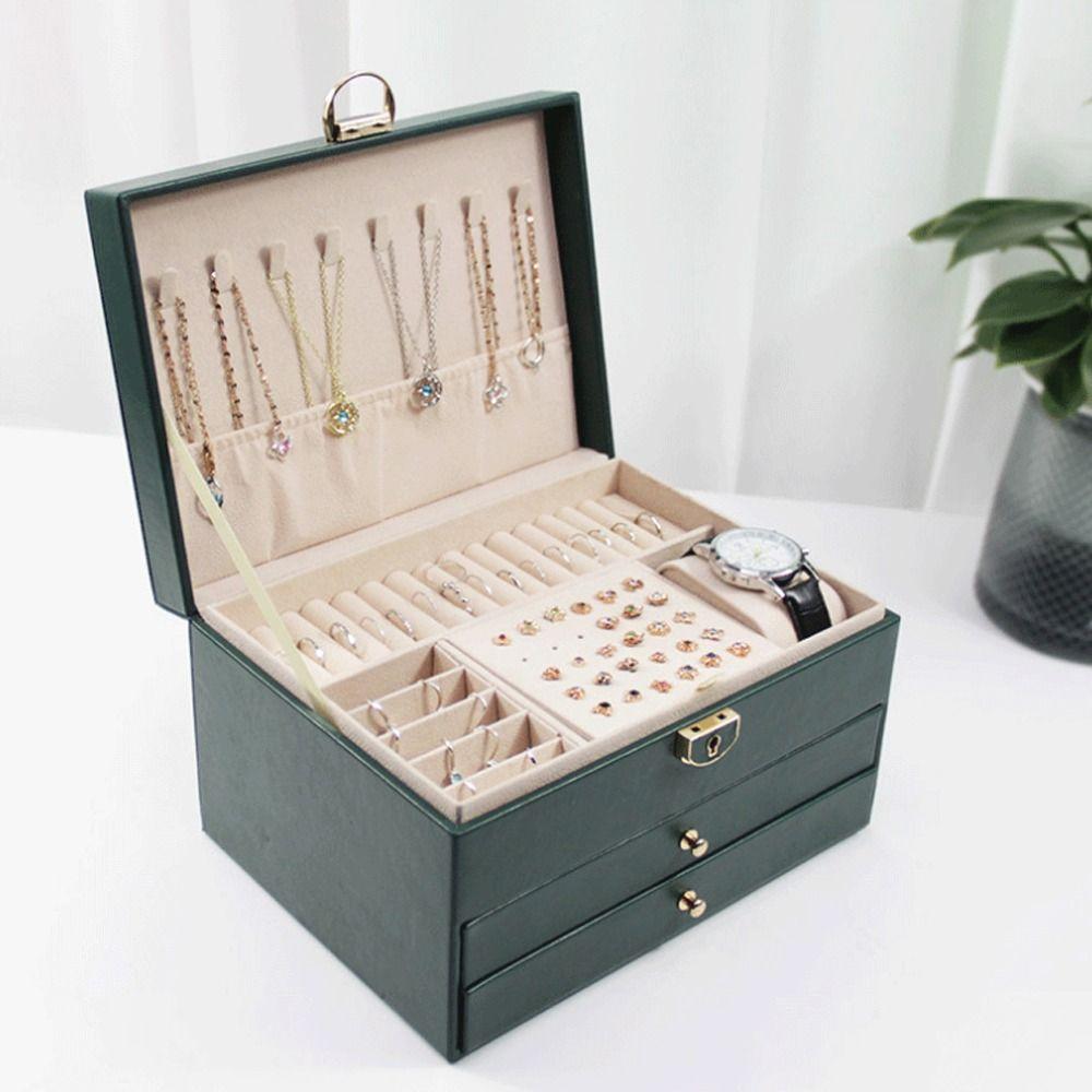 Lockable Storage Box Leather Jewelry Packaging Box Multi-function Double Layer Jewelry Box  Travel
