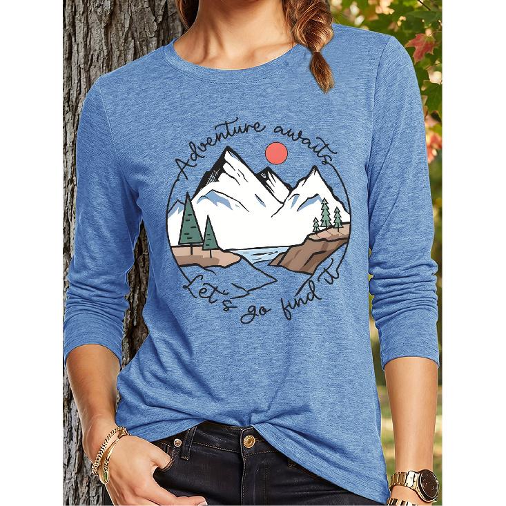 Women's casual sports long-sleeve shirt with mountain landscape print, round badge, and handwritten slogan Adventure awaits Let's go find