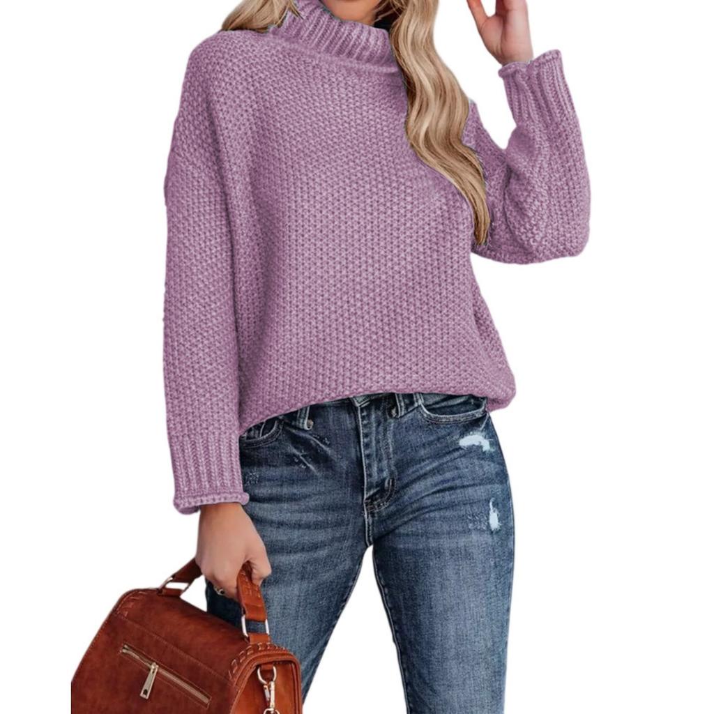 Модный женский вязаный свитер с высоким воротником, длинными рукавами и подвернутым краем