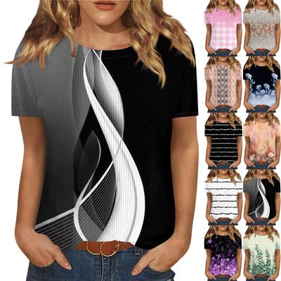 Футболки для женщин, плиссированные, с V-образным вырезом, нарядные, повседневные блузки с принтом, короткие рукава, летние топы, свободный крой