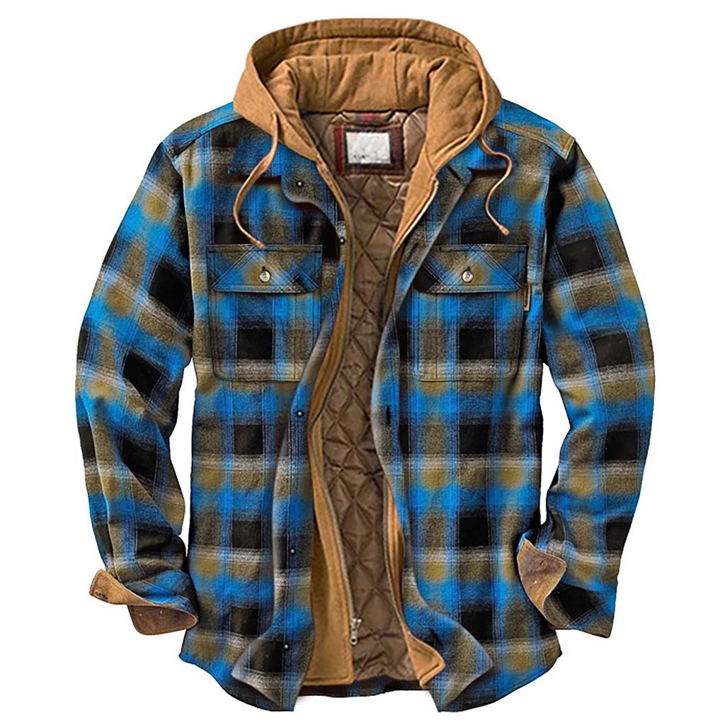 Мужская клетчатая рубашка на стеганой подкладке на пуговицах с бархатной теплой курткой с капюшоном