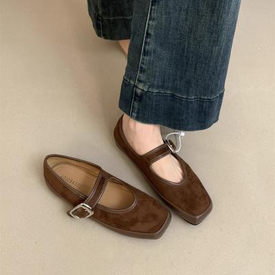 Французские ретро замшевые балетки одинарки женские 2025 осень новые корейская версия ремешок на одно слово плоские туфли Мэри Джейн женские